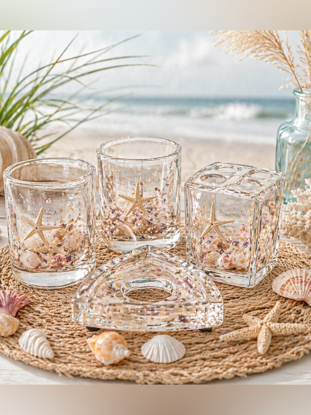 Coastal Seashell Bathroom Set 4 Pc Acrylic Beach Decor Toothbrush Holder